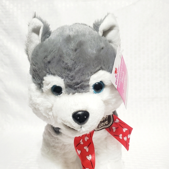 Walmart Hug Fun Siberian Husky Plush Puppy Love Grey Dog Heart Bow Stuffed 12". - Picture 5 of 13